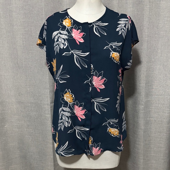 Apt. 9 Tops - Apt 9 Short Sleeve ButtonUp Blouse-S-Poly-Floral Print-Teal/Pink/White/Orange